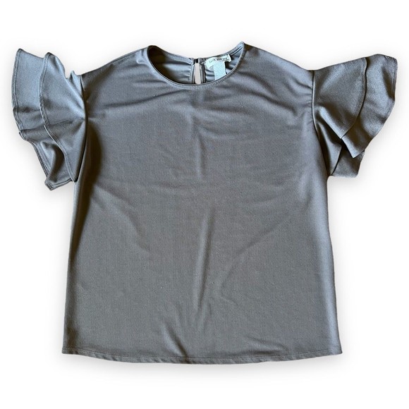 Faith and Joy Monteau Blouse Women's Top Tan Ruffled Flutter Sleeves Keyhole S - Picture 3 of 8